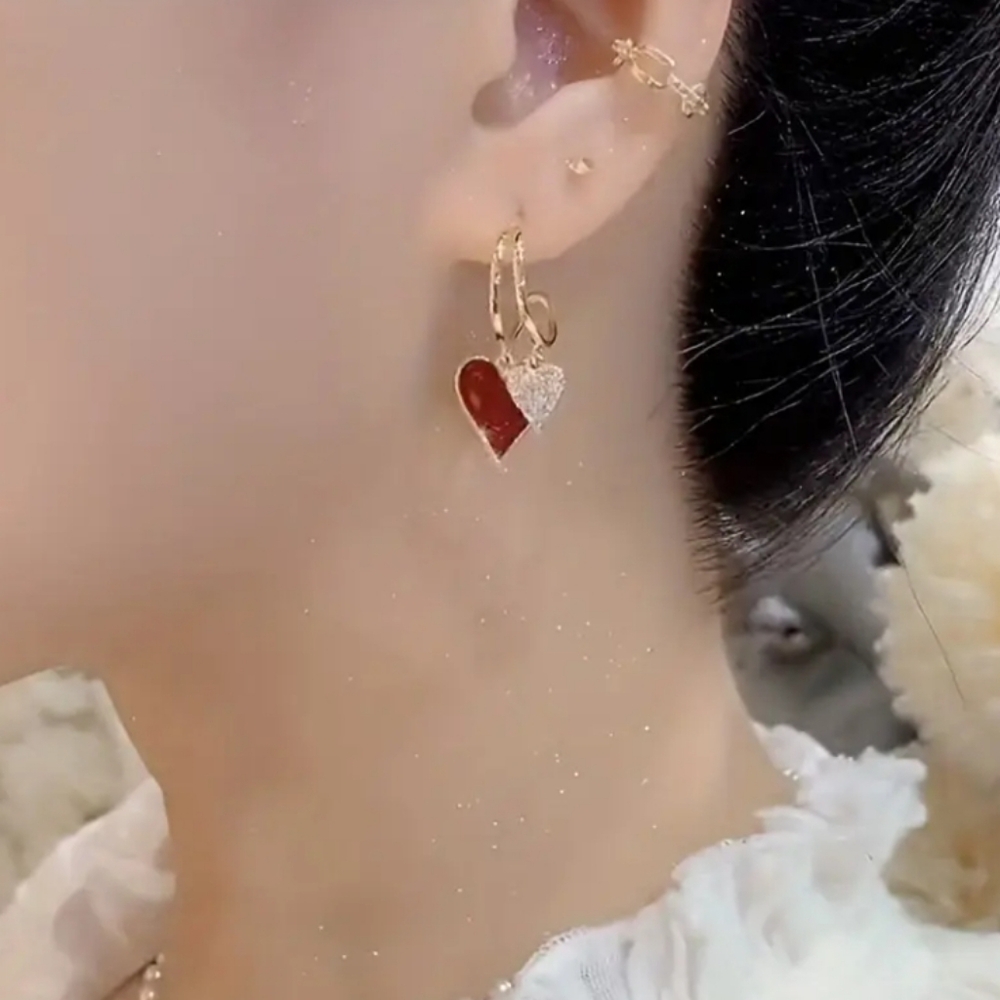 Red Heart Rhinestone Earrings Gold - Picture 6 of 9